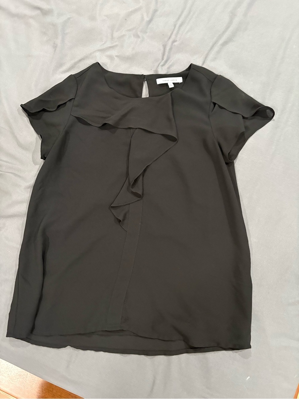 naked Zebra Black Short Sleeve Ruffle Front Blouse